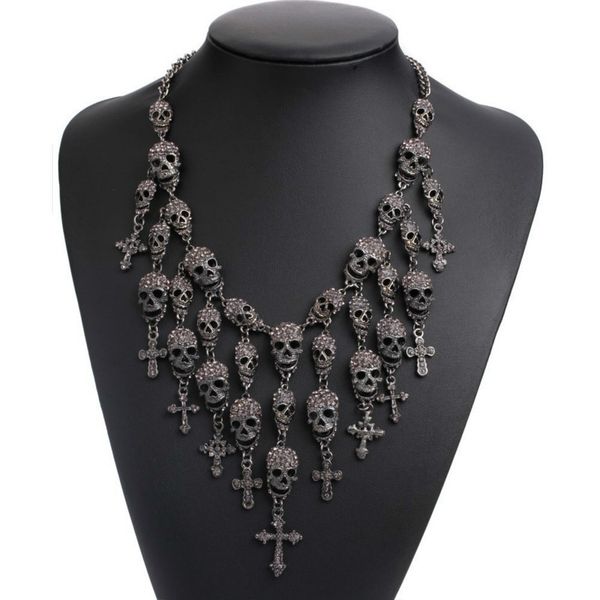 

new fashion luxury full zircon metal skull cross necklace long chain cool simple necklace for women men jewelry gifts choker, Silver
