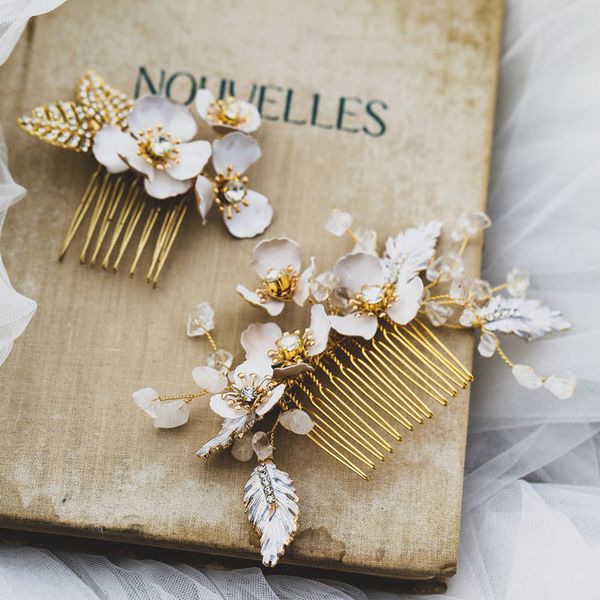 

rhinestone hair combs for women flower leaf bridal crystal hairpins head ornaments wedding hair accessories bride headdress u573, Golden;white
