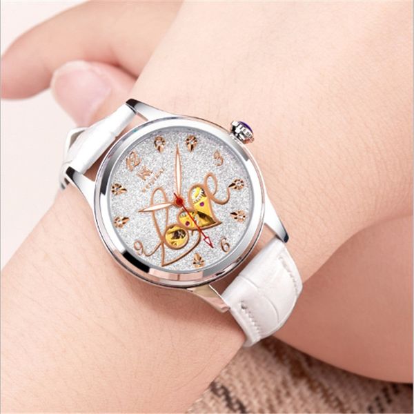 

designer new candy-colored leather fashion machinery ladies stainless steel hollow automatic movement watch sports ladies luminous automatic, Slivery;brown