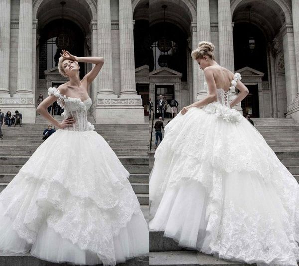 Nuovi abiti da sposa Pnina Tornai Ball Gown Abiti da sposa in pizzo Una spalla Allacciatura sul retro Sweep Train Tulle Tiers Perline Abito da sposa 3870