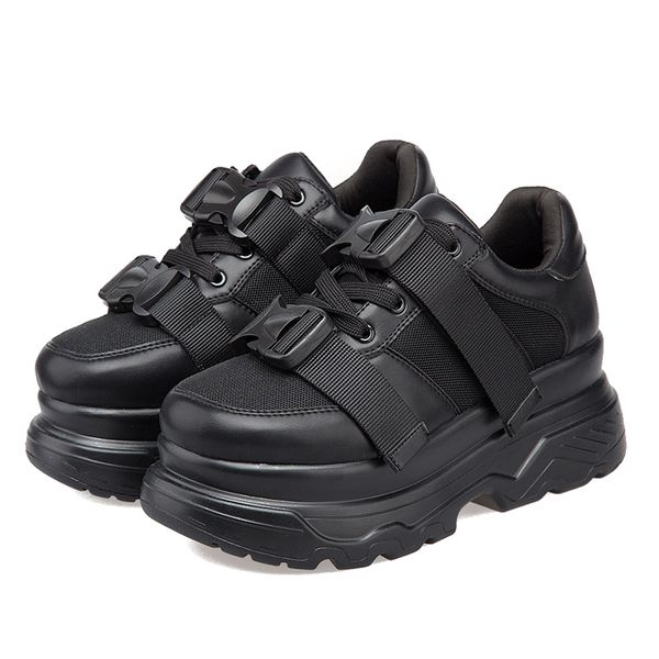 

women's platform chunky sneakers 2019 fashion mesh buckle female thick bottom shoes woman women's vulcanize shoes cj191128, Black