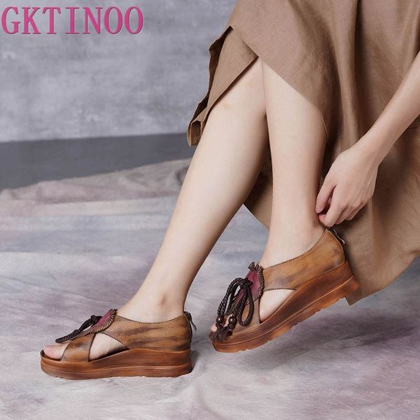 

gktinoo original summer new fashion wedge heels thick sole handmade shoes genuine leather zipper retro comfortable women sandals, Black