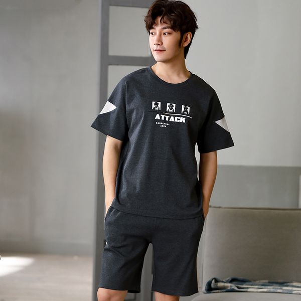 

l-3xl plus sizes men summer letter print mens sleepwear pajamas cotton short sleeve shorts pajamas set thin section home suit, Black;brown