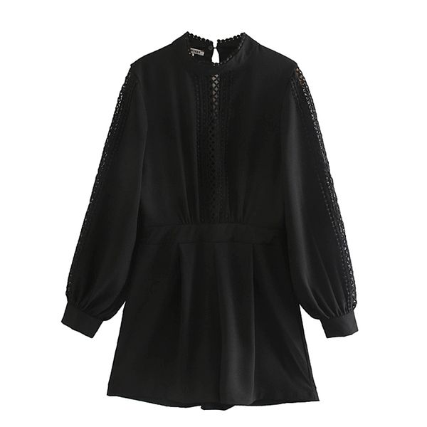 

vintage chic patchwork hollow out jumpsuits women fashion o neck playsuits elegant ladies long sleeve short jumpsuits, Black;white