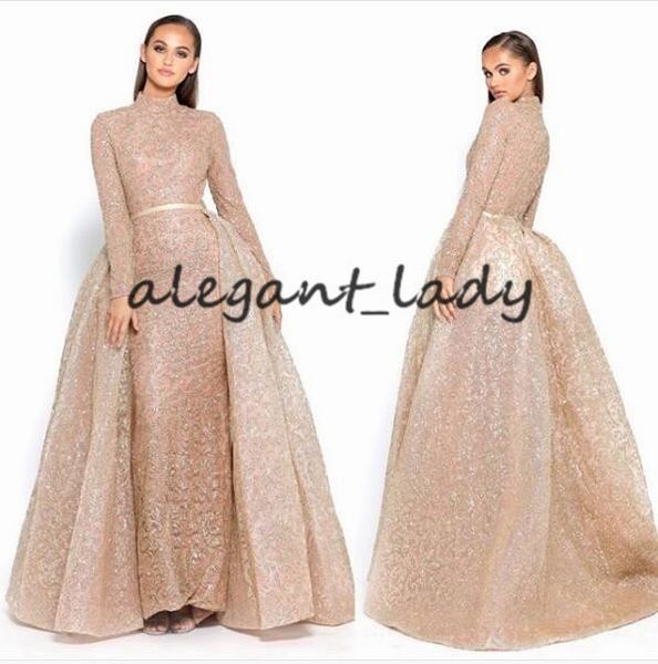 

yousef aljasmi champagne gold long sleeve evening dresses with overskirt 2019 high neck muslim dubai arabic shiny prom formal gown, Black;red