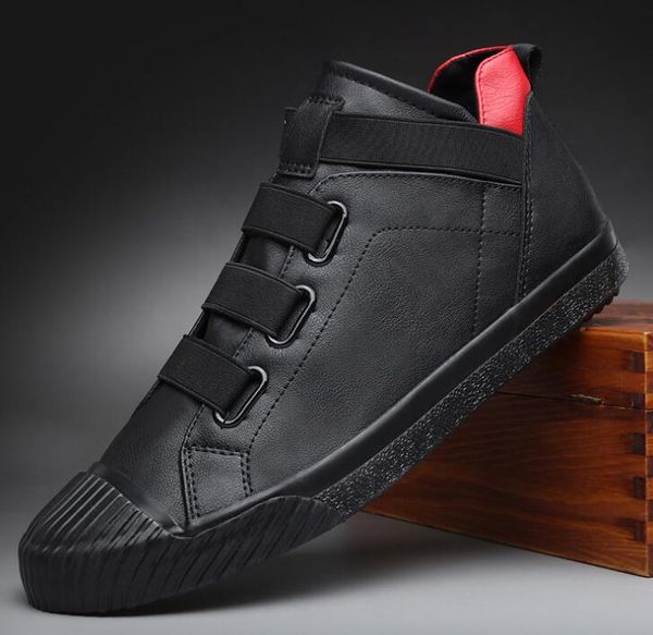 

new design men shoes fashion elastic band man leather casual shoes men trend loafers flat shoes, Black