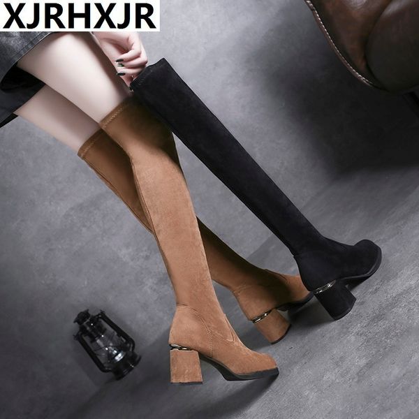 

7cm chaussure femme winter women shoes flock bootee woman 2019 women's winter shoes over the knee boots women platform shoe, Black