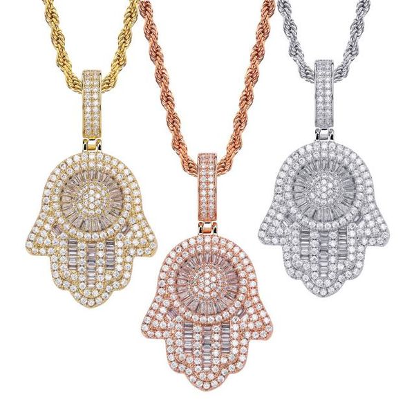 

new guys gold plated bling bling cubic zirconia fatima hand pendant necklace masculina bijoux hip hop rapper jewelry gifts for men women, Silver