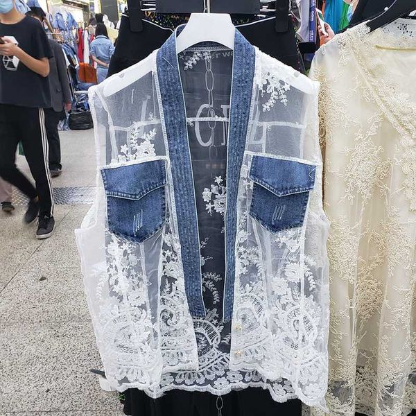 

vest women 2020 summer new european fashion all-match lace stitching denim jacket sunscreen jacket vest coat mujer students, Black;white