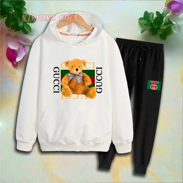 

gc children sports sets kids sets 2-7t kids hoodies pants 2pcs/set baby boy girl pure cotton pant sets bear logoprinting spring autumn, White