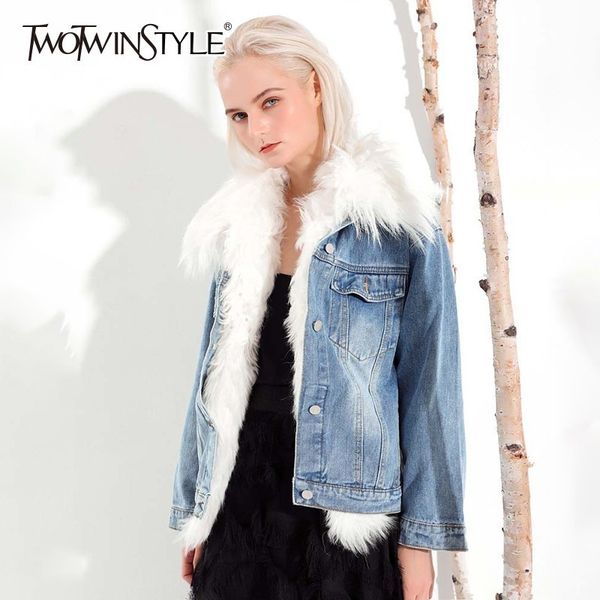 

twotwinstyle patchwork faux fur denim jackets for women long sleeve plus thick warm coat female 2018 fashion autumn winter, Black;brown