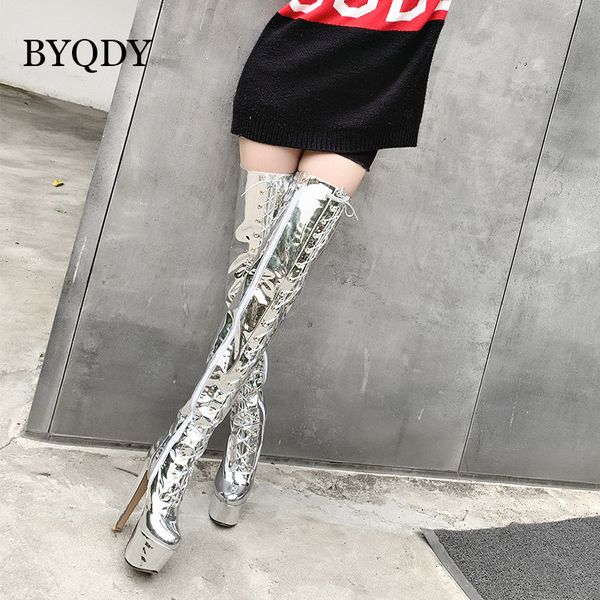 

byqdy extreme high heels woman boots over the knee pu platform boot round toe lace-up fur zipper thigh high boots plus size 48, Black