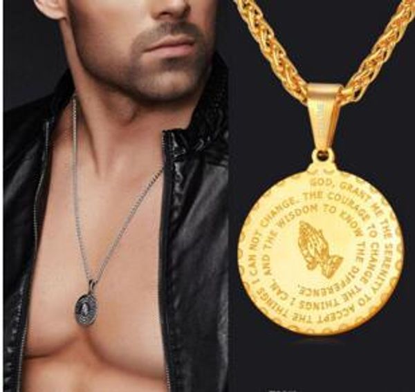 

2017 men jewelry praying hands and bible verse pendant necklace with wheat chain for men 18k gold plated/stainless steel, Silver