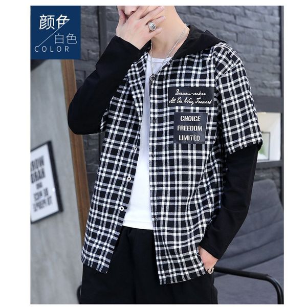 

ins style loose men shirts 2019 new arrival antumn spring long sleeve plaid shirt hoodie fake two printed fashion ing, White;black