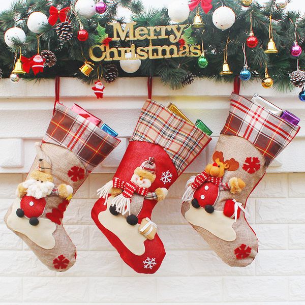 

large christmas stocking santa claus sock plaid burlap gift holder christmas tree decoration new year gift candy bags u3