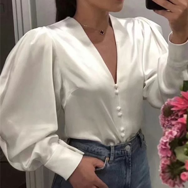 

deat 2020 spring long puff sleeve v neck single breasted button shirt women blouse mh727, White