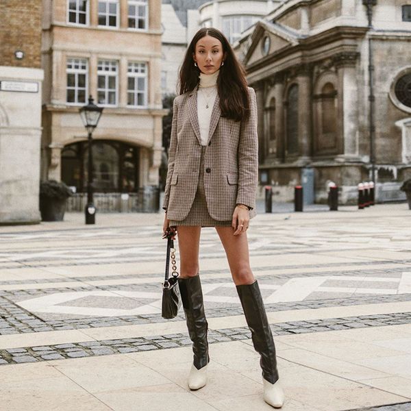 

офисная мода aachoae дамы костюм набор женщин из двух частей установить ломаную клетку однобортный пиджак с высокой талией шикарные мини юбк, White