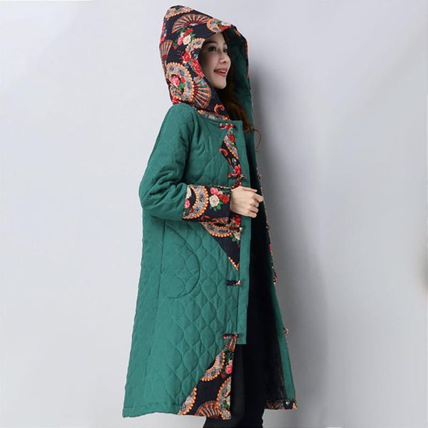 

autumn winter women coat warm hoodie jackets folk-custom print cotton outwear warm long thick female coat jacket #1023, Black;brown