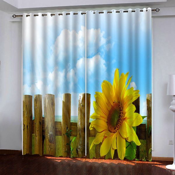 

modern home decoration living room curtains 3d blue sky and white clouds grassland wooden pile railing flowers custom curtains
