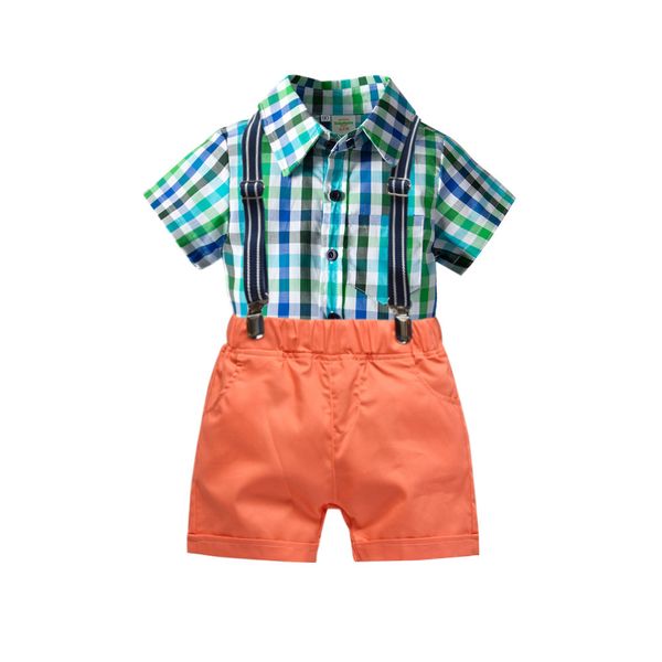 

European And American-Style New Boy Suit Summer Boys Gentleman out Clothes Plaid Shirt Strap Woven Shorts Three Piece Set