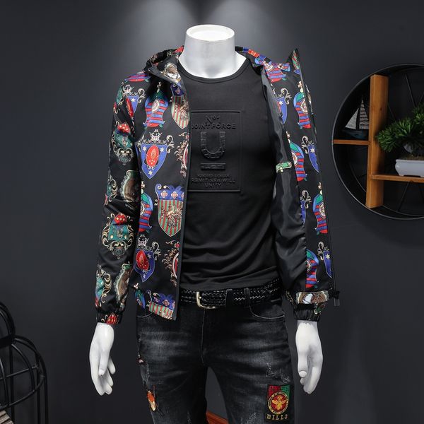 

2020 new spring and summer jacket men's hooded cotton jacket men's pattern digital printing windproof trendy casual jacket, Black;brown