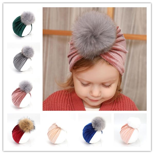 Berretto per capelli in vera pelliccia di coniglio da 10 cm per bambini, palla per capelli in velluto oro, cappello indiano, fascia per capelli, nave libera, 2 pezzi