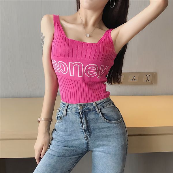 

sweet honey embroidery thin knitted camisoles women tanks summer sleeveless off shoulder, White