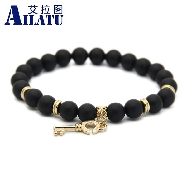 

ailatu 10pcs 8mm real matte onyx stone beads key pendant bracelets fashion jewelry gift, Golden;silver