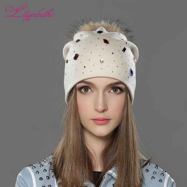 

liliyabaihe women winter hat wool knitted beanies cap real raccoon fur pom pom hats classic color diamond decoration decoration, Blue;gray