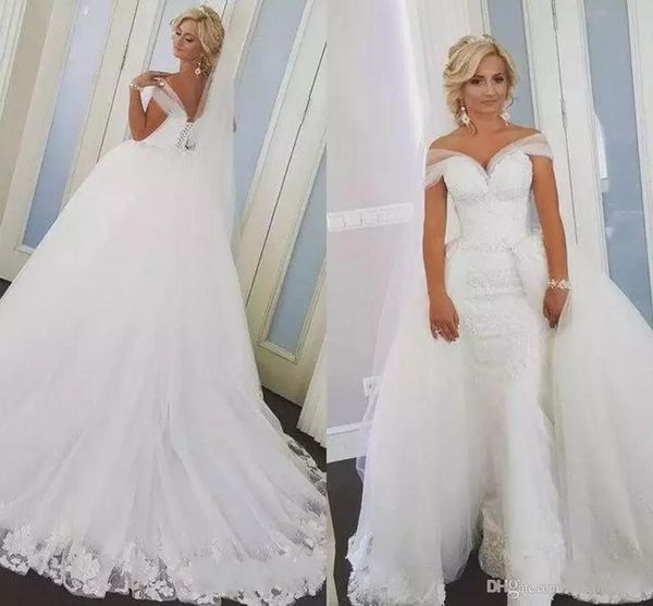 

2019 overskirts mermaid lace wedding dresses detachable bridal gowns with sweetheart sheer straps bridal dresses, White