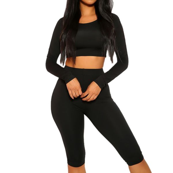 

2 piece set women thin short long sleeve seven minute pants sports casual suits conjuntos de mujer ensemble femme clothing, White