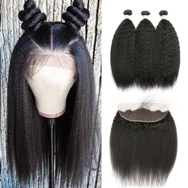 

kinky прямых пучки волос с фронтальным 13x4 кружева фронтальных пачек перуанскими человеческие 3 волос пучков с закрытием remy выдвижения во, Black;brown