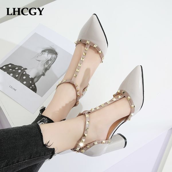 

2019 summer shoes high heels t strap rivet pumps chunky heels sandal patent leather dress shoes white wedding shoes ladies 7579 t200111, Black