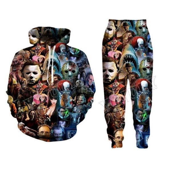 

новая мода мужчины / женщин horror клоун смешные 3d повседневный печати hoodie + кальсоны, Black