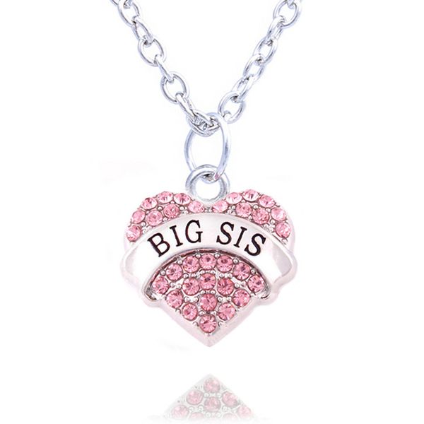 

charm pink crystal heart necklace 'big sis middle sis little sis baby sis' sister birthday gifts women girl jewelry10pcs/lot, Silver