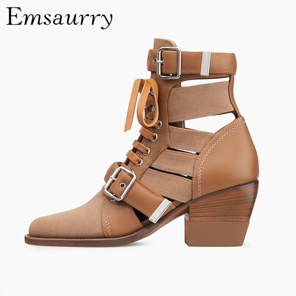 

the new chic studded buckle motorcycle boots square thick heel point toe cross-tied cut outs ankle boots women, Black