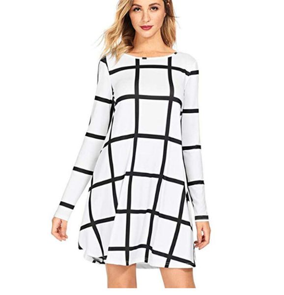 

Plaid Print Loose Womens Designer Dresses Crew Neck Long Sleeve A Line Sexy Dresses