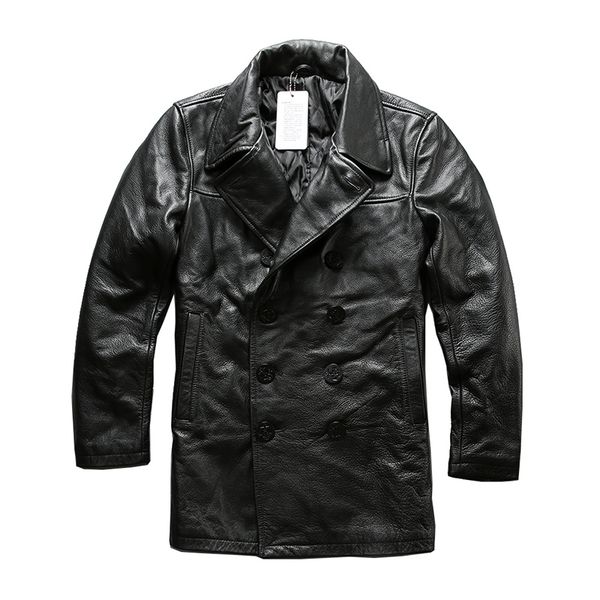 

read description asian size mans genuine cow leather winter jacket men's classic cowhide leather pea coat a1803, Black
