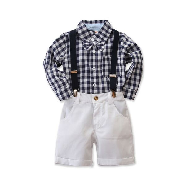 

imcute baby boy clothes long sleeve newborn baby sets infant clothing gentleman suit plaid shirt+bow tie+suspender trouser, White