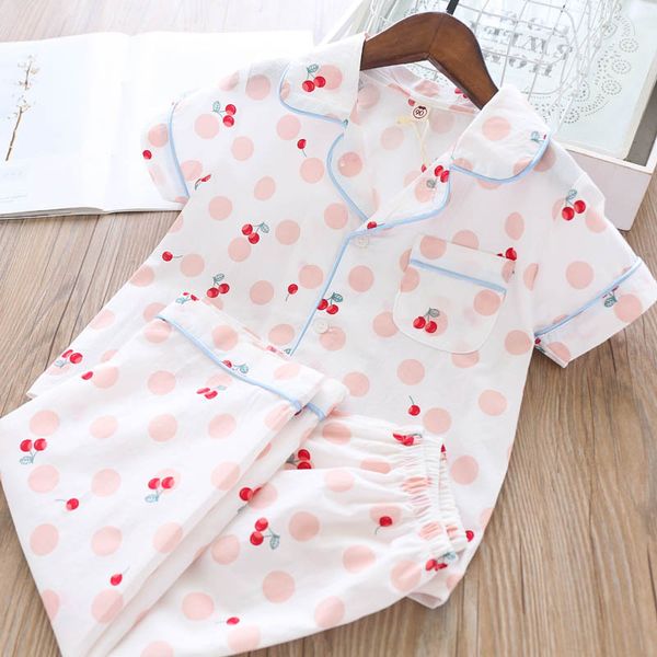 

pajamas girl autumn pajama sets sweet princess robes clothes kids cherry pattern and pants 2pcs sleepwear clothing, Blue;red