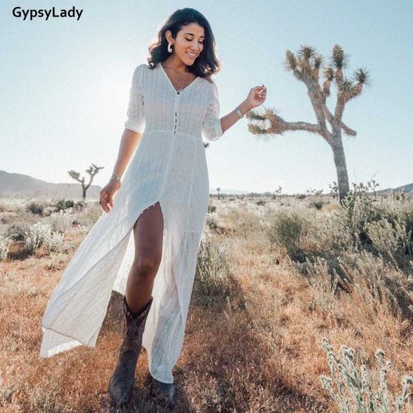 

gypsylady white boho lace maxi dress women embroidery dresses buttons split sheer ladies vintage elegant long dresses female, Black;gray