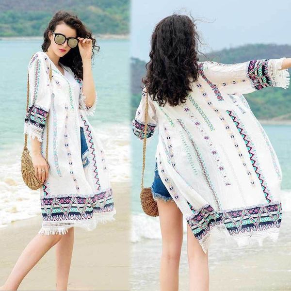 

fashion women blouse tassel personality printing shirt mid-long paragraph sunscreen cardigan blouses, White