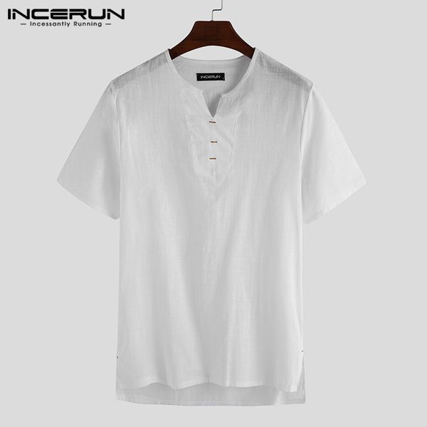 

men solid color short sleeve v neck casual shirt fashion harajuku joker comfort cotton mens pullover blouse streetwear incerun, White;black