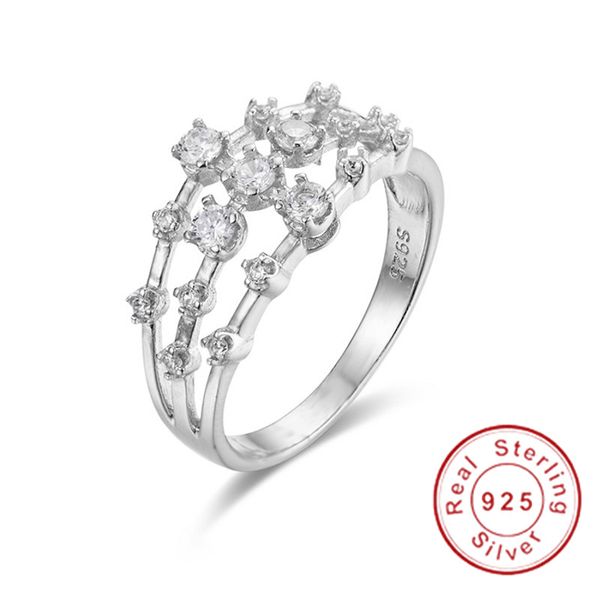 Lady's 925 Sterling Gümüş Pave Beyaz Safir Yüzükleri Kadınlar için Kız Hediyesi Yeni Moda Çok Katmanlı Dalga Gümüş Yüzük Takı Boyutu 5-10