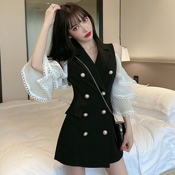 

oushang двойной брестед blazer шарпу light спелые ветер трубные рукава вне-плеча высокой талией воротник нагрудные blazer женщин, White;black