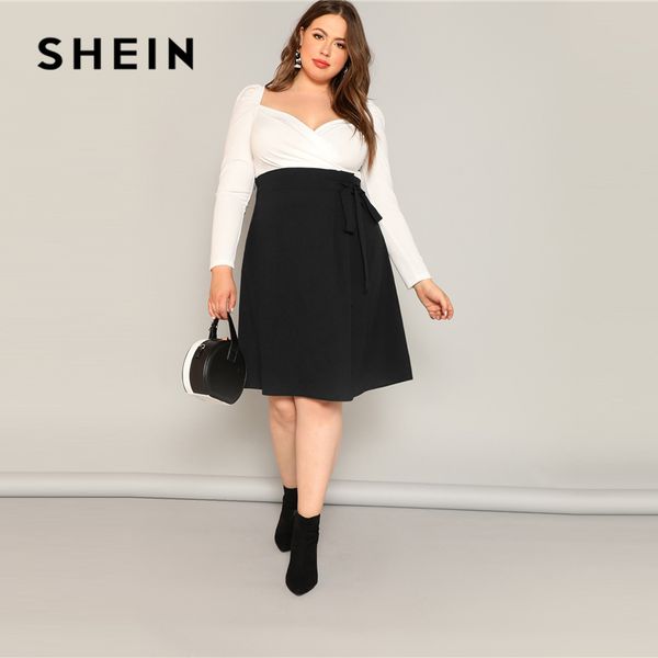 

шеин плюс размер черной высокой талии tie side юбка 2019 женщин весна длины колена твердой повседневный линии большого размер юбка с поясом, Black