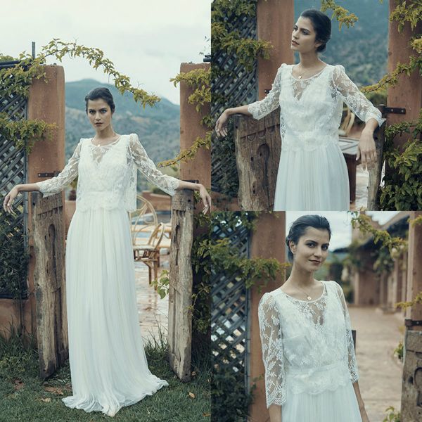 2019 Abiti da sposa vintage con giacca in pizzo scollo a V A Line 2 pezzi abiti da sposa country a maniche lunghe Sweep Train abito da sposa bohémien