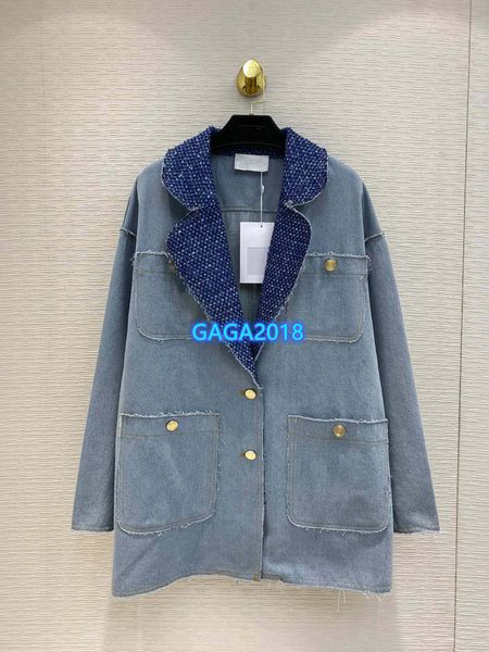 

high end women girls denim bomber jackets patchwork tweed peak lapel long sleeve suit blazer cardigan coat 2020 fashion design new outerwear, Black;brown