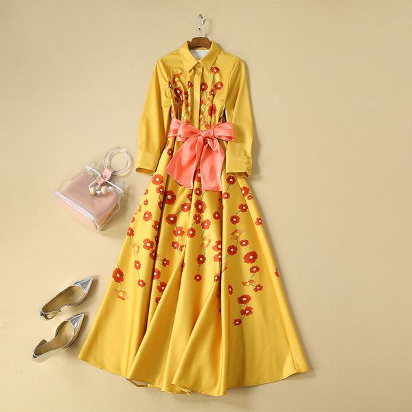 

european and american women's clothing 2019 winter new style floral print long-sleeved lapel fashion slim dress, Black;gray