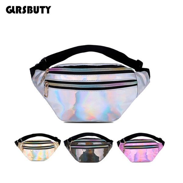 

2019 holographic fanny pack women silver laser bum bag travel shiny waist bags fashion girls pink leather hologram hip bag